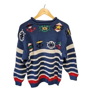 Vintage 90s SWEATERS Nautical Anchors Stripe Sweater Large Gina Peters‎